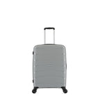 Small silver hard-shell suitcase shown from the front with an extended telescopic handle, black trim and spinner wheels.