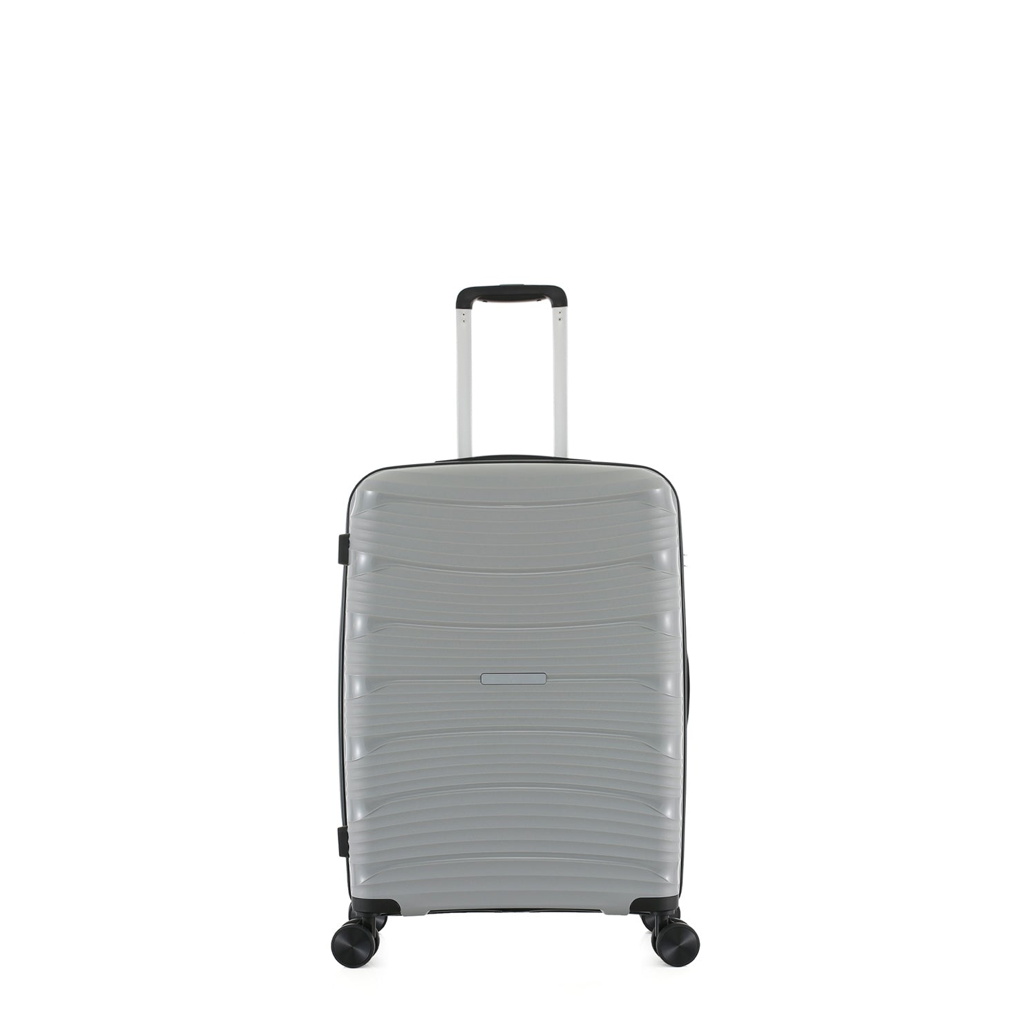 Small silver hard-shell suitcase shown from the front with an extended telescopic handle, black trim and spinner wheels.