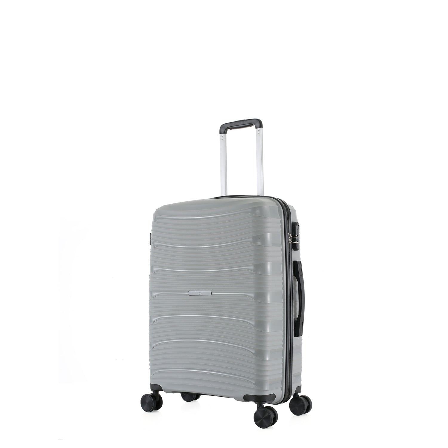 Small silver hard-shell suitcase shown at an angle, highlighting the textured shell, side handle, zip closure and spinner wheels.
