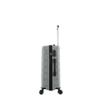Side view of the small silver suitcase showing the combination lock, side carry handle and extended telescopic handle.