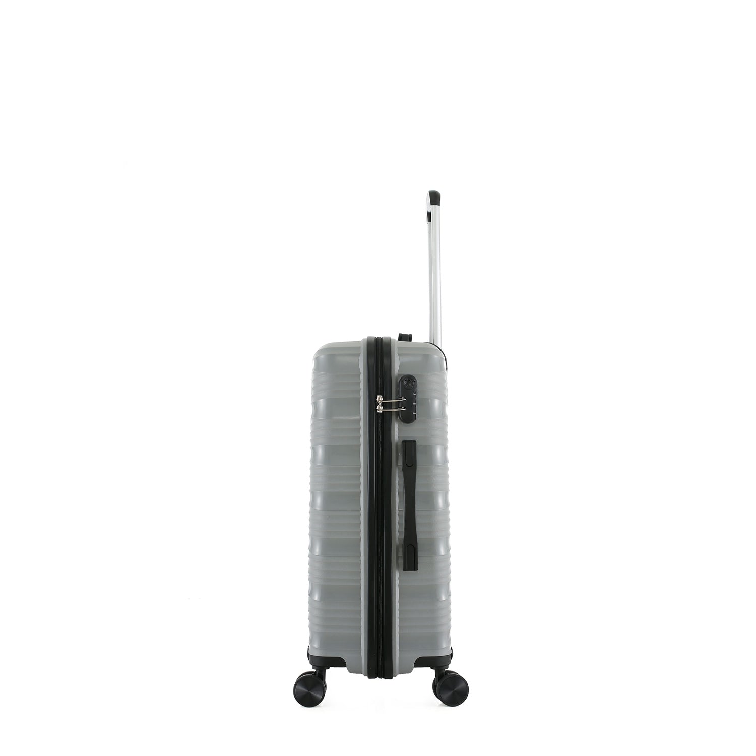 Side view of the small silver suitcase showing the combination lock, side carry handle and extended telescopic handle.