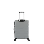 Rear view of the small silver suitcase showing the textured hard shell, telescopic handle and black side carry handle.
