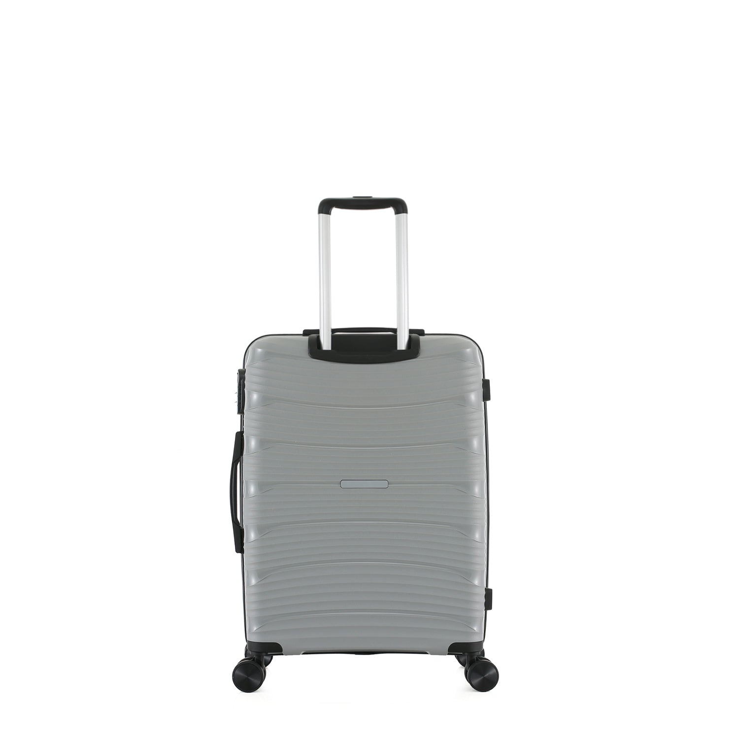 Rear view of the small silver suitcase showing the textured hard shell, telescopic handle and black side carry handle.
