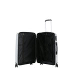 Small silver suitcase shown open, revealing a black lined interior with zippered divider, storage pocket and cross straps.