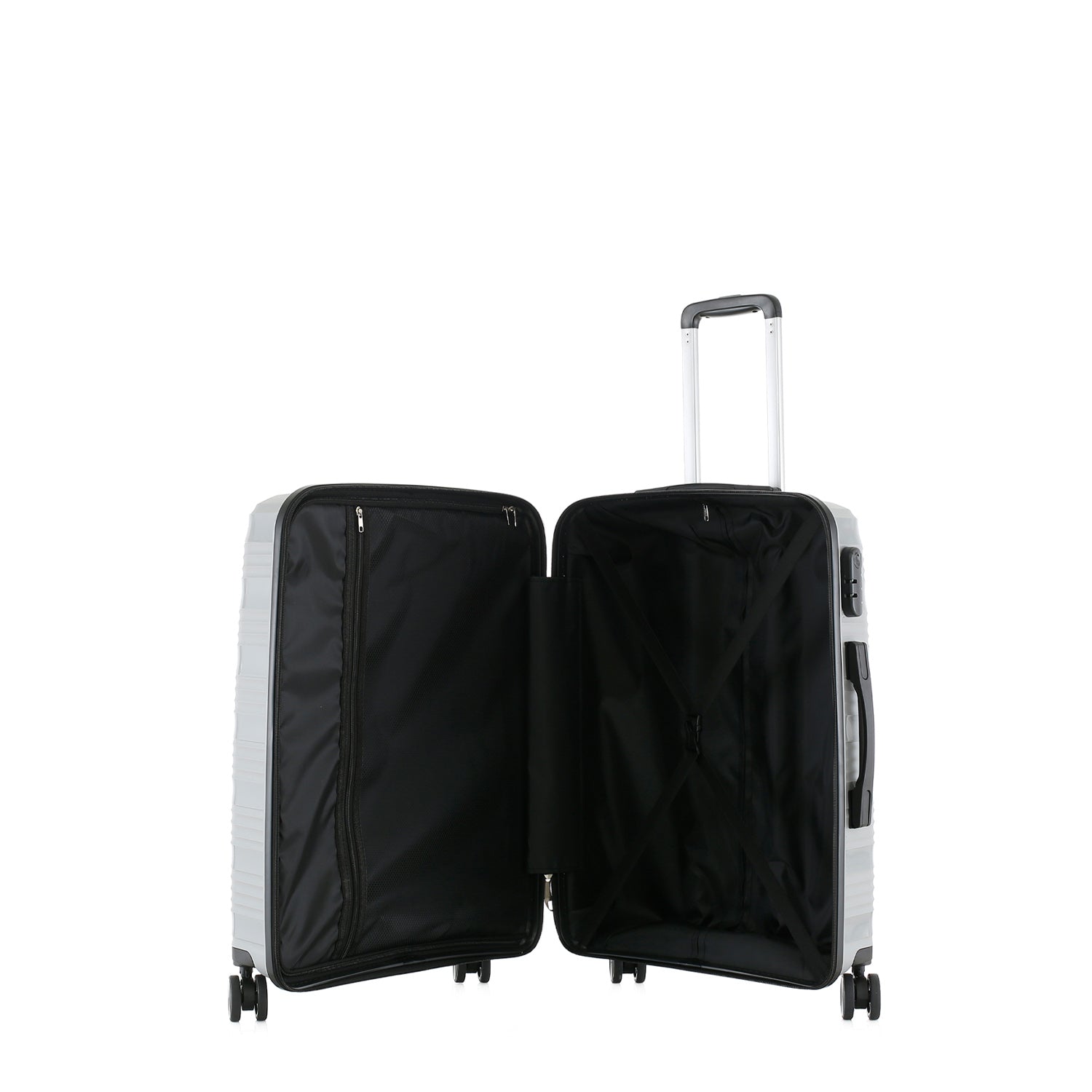 Small silver suitcase shown open, revealing a black lined interior with zippered divider, storage pocket and cross straps.