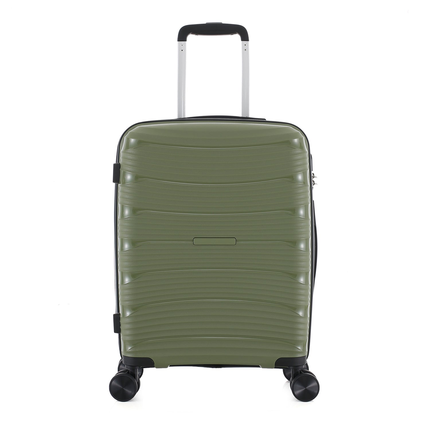 bb&b Travel Nova Suitcase Olive Large, front view showing the textured hard shell, telescopic handle and four spinner wheels.