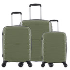 bb&b Travel Nova Suitcase range in Olive, showing the Large, Medium and Small hard-shell suitcases together with telescopic handles extended.