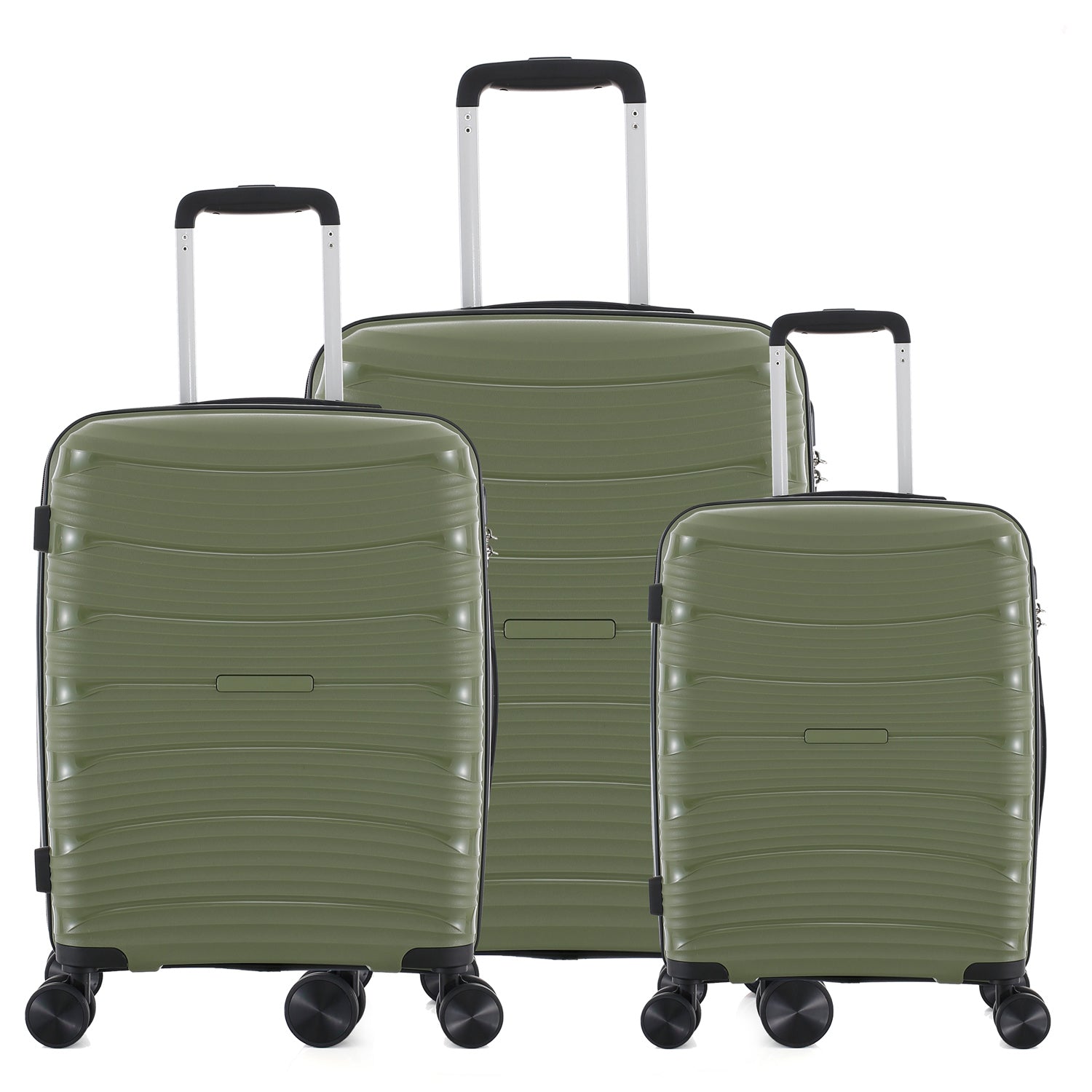 bb&b Travel Nova Suitcase range in Olive, showing the Large, Medium and Small hard-shell suitcases together with telescopic handles extended.