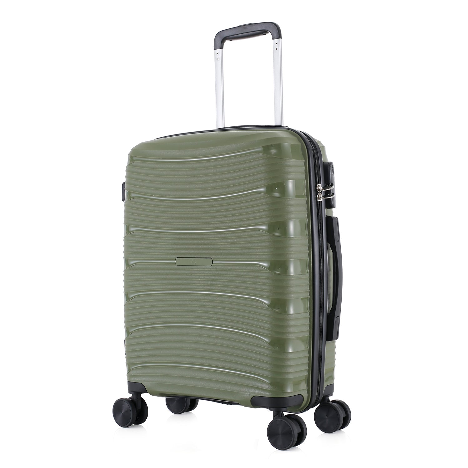bb&b Travel Nova Suitcase Olive Large, angled front view showing the hard-shell design, side carry handle, zipper closure and spinner wheels.