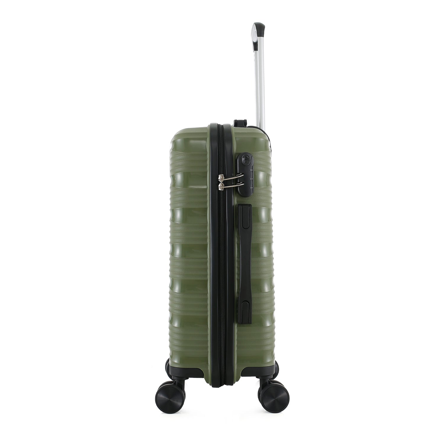 bb&b Travel Nova Suitcase Olive Large, side view showing the suitcase depth, side carry handle, zipper closure and combination lock.