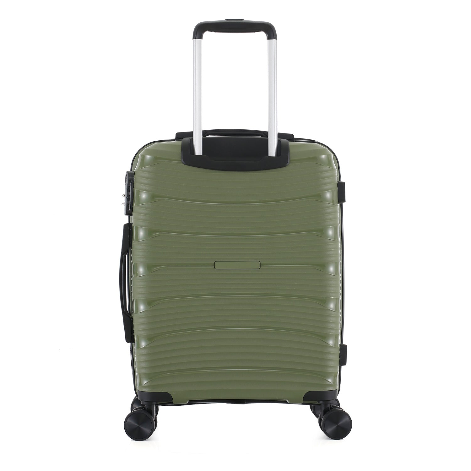 bb&b Travel Nova Suitcase Olive Large, rear view showing the telescopic handle, rear shell and spinner wheels.