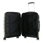 bb&b Travel Nova Suitcase Olive Large shown open, revealing the black interior lining, zippered divider and cross packing straps.