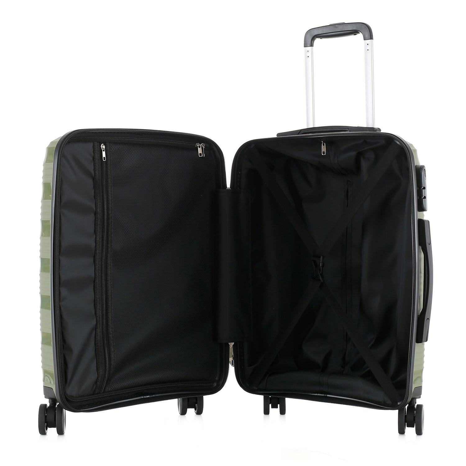 bb&b Travel Nova Suitcase Olive Large shown open, revealing the black interior lining, zippered divider and cross packing straps.
