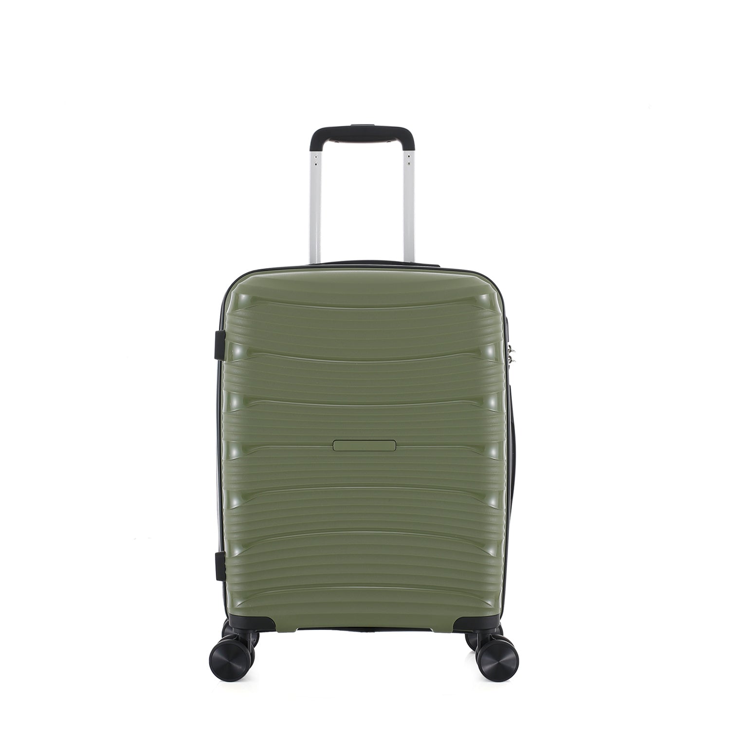 bb&b Travel Nova Suitcase Olive Medium, front view showing the textured hard shell, telescopic handle and four spinner wheels.