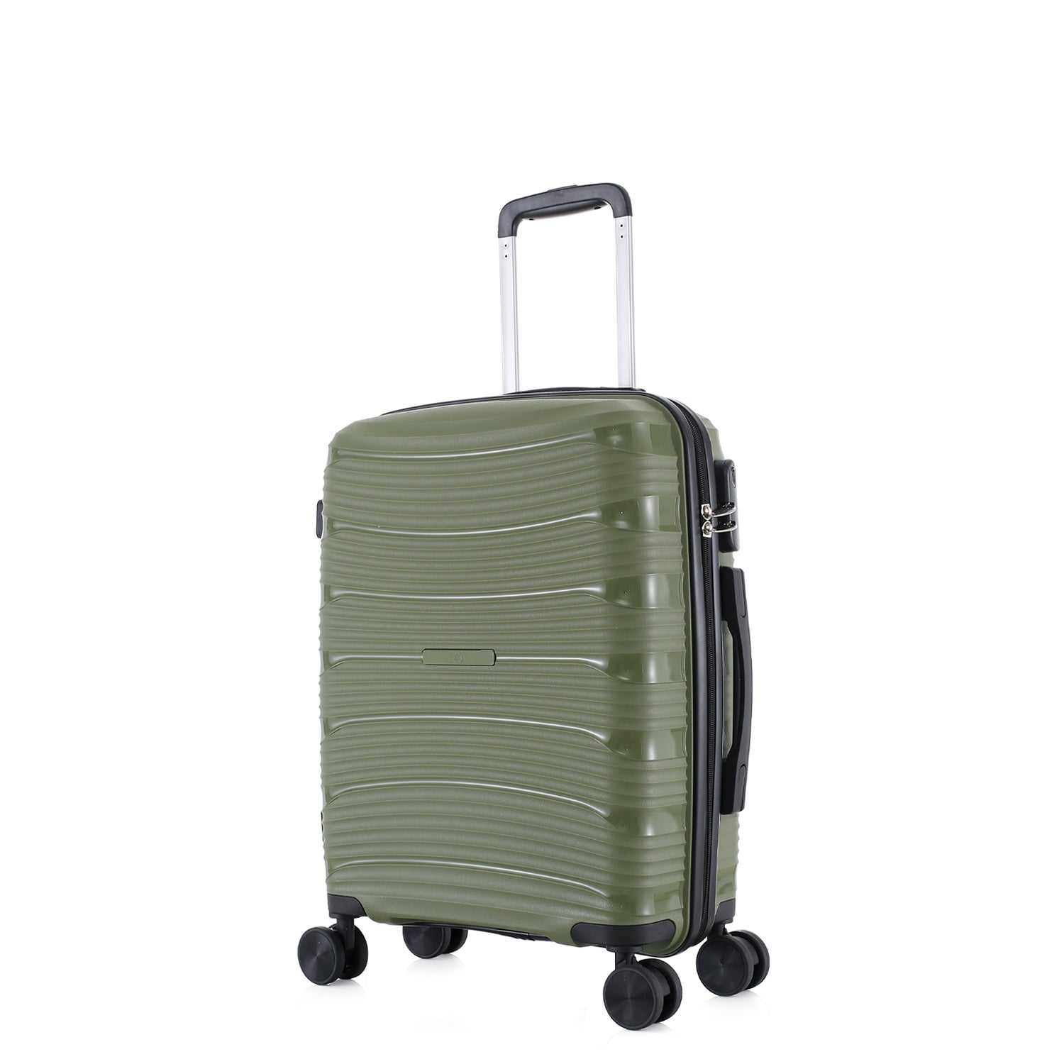 bb&b Travel Nova Suitcase Olive Medium, angled front view showing the hard-shell design, side carry handle, zipper closure and spinner wheels.