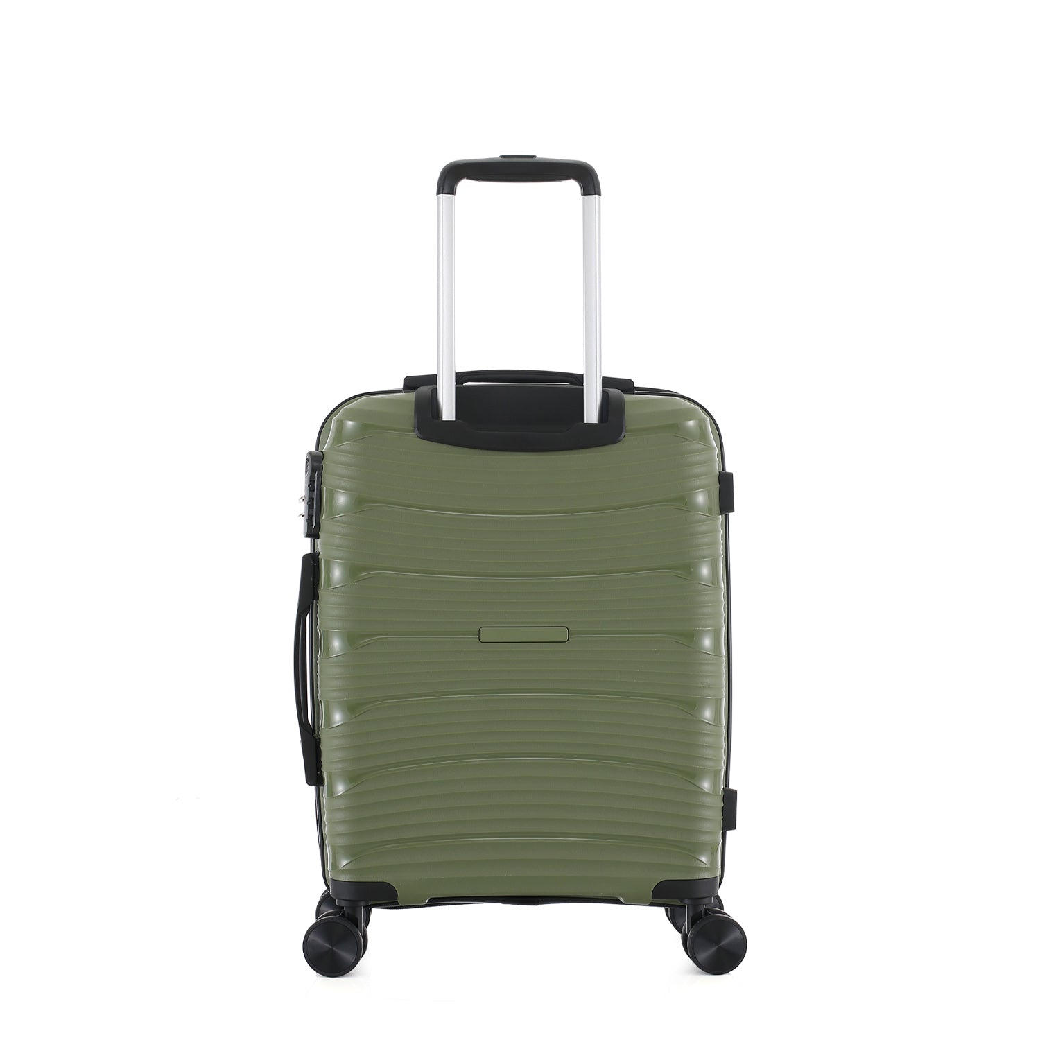bb&b Travel Nova Suitcase Olive Medium, rear view showing the telescopic handle, rear shell and spinner wheels.