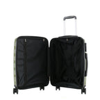 bb&b Travel Nova Suitcase Olive Medium shown open, revealing the black interior lining, zippered divider and cross packing straps.
