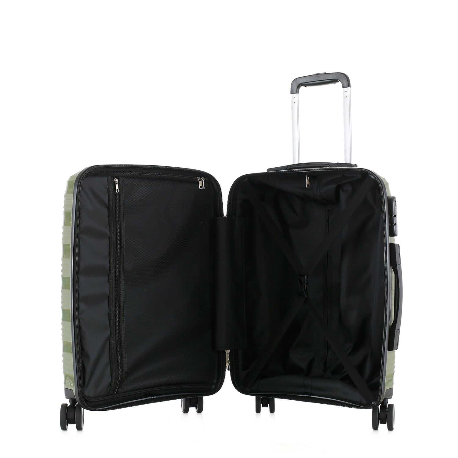 bb&b Travel Nova Suitcase Olive Medium shown open, revealing the black interior lining, zippered divider and cross packing straps.