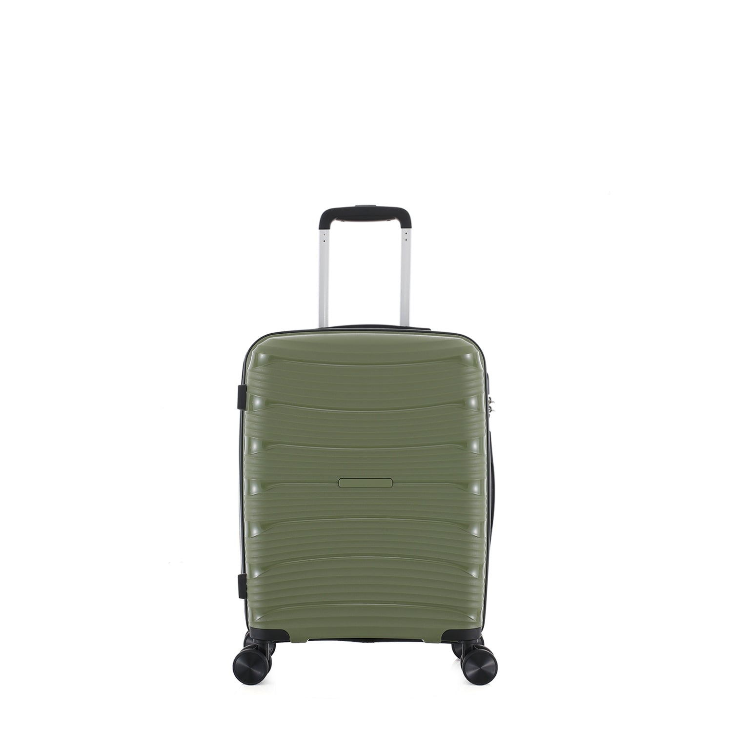 bb&b Travel Nova Suitcase Olive Small, front view showing the compact textured hard shell, telescopic handle and four spinner wheels.