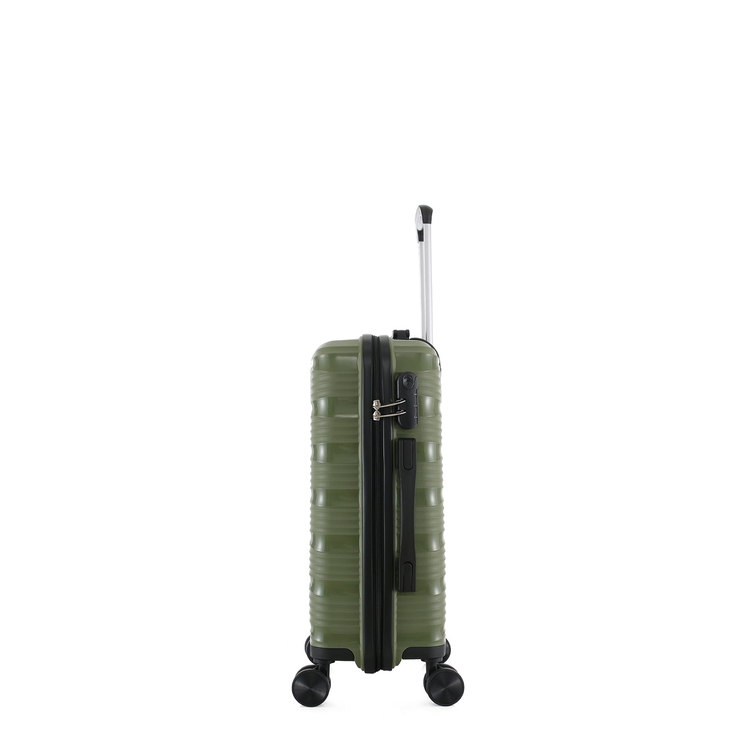 bb&b Travel Nova Suitcase Olive Small, side view showing the compact suitcase depth, side carry handle, zipper closure and combination lock.