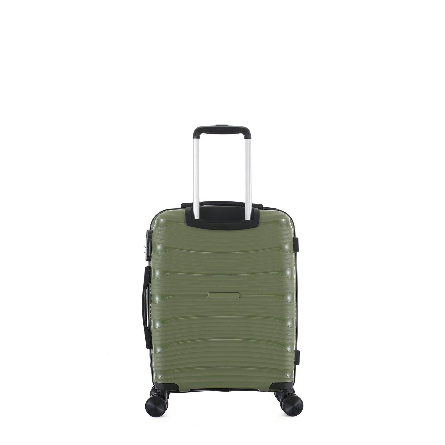 bb&b Travel Nova Suitcase Olive Small, rear view showing the telescopic handle, rear shell and spinner wheels.
