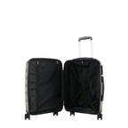 bb&b Travel Nova Suitcase Olive Small shown open, revealing the black interior lining, zippered divider and cross packing straps.