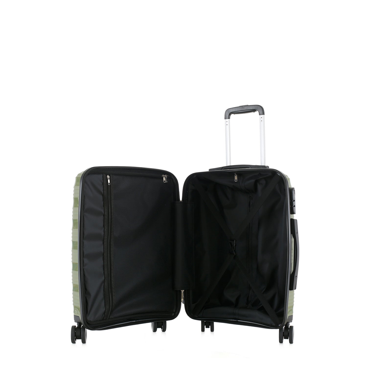bb&b Travel Nova Suitcase Olive Small shown open, revealing the black interior lining, zippered divider and cross packing straps.