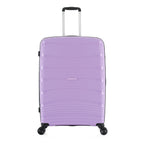 Large wisteria hard-shell suitcase shown from the front with an extended telescopic handle, black trim and spinner wheels.