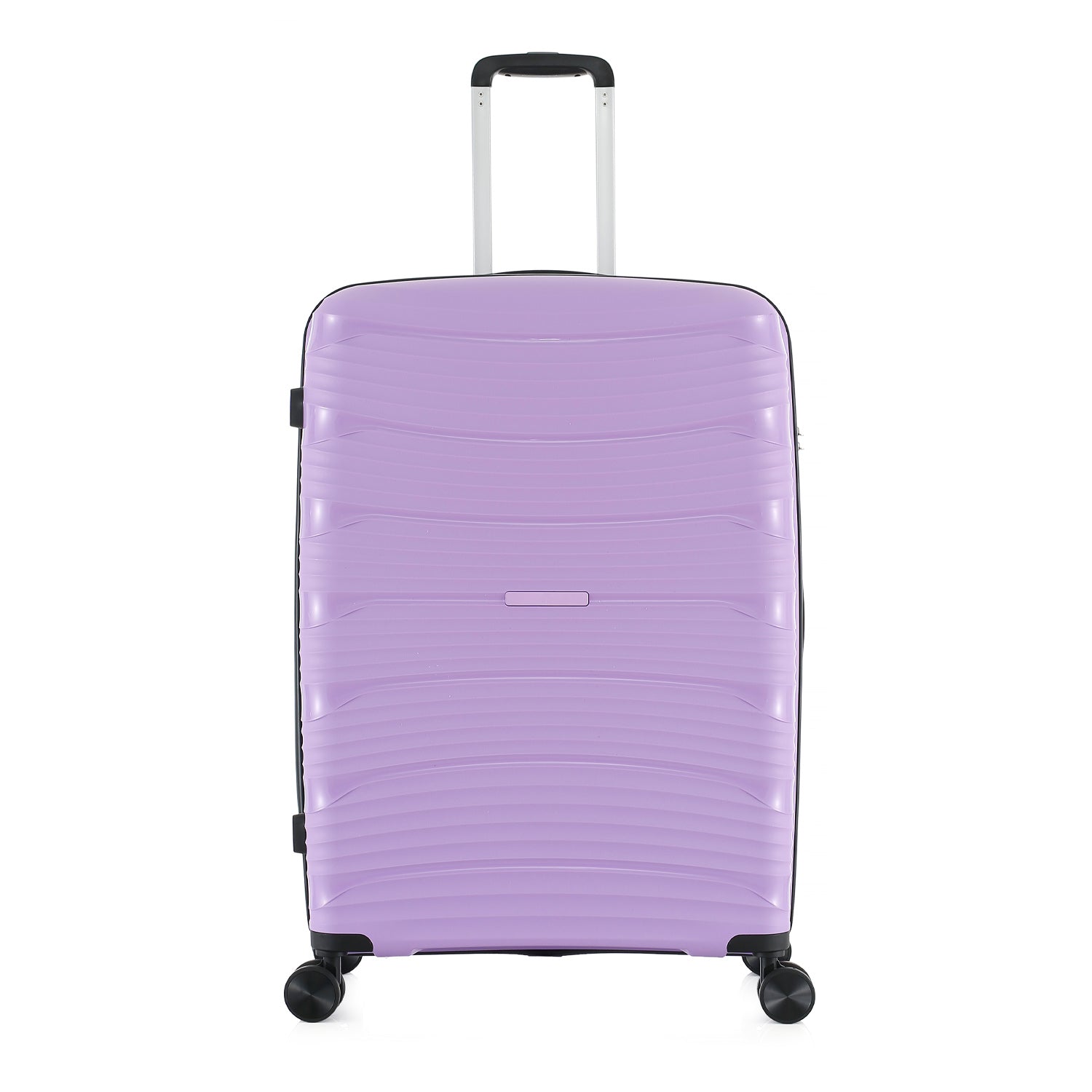 Large wisteria hard-shell suitcase shown from the front with an extended telescopic handle, black trim and spinner wheels.