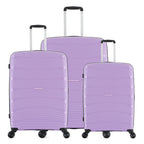 Wisteria hard-shell suitcase range in small, medium and large sizes with telescopic handles, black trim and spinner wheels on a white background.