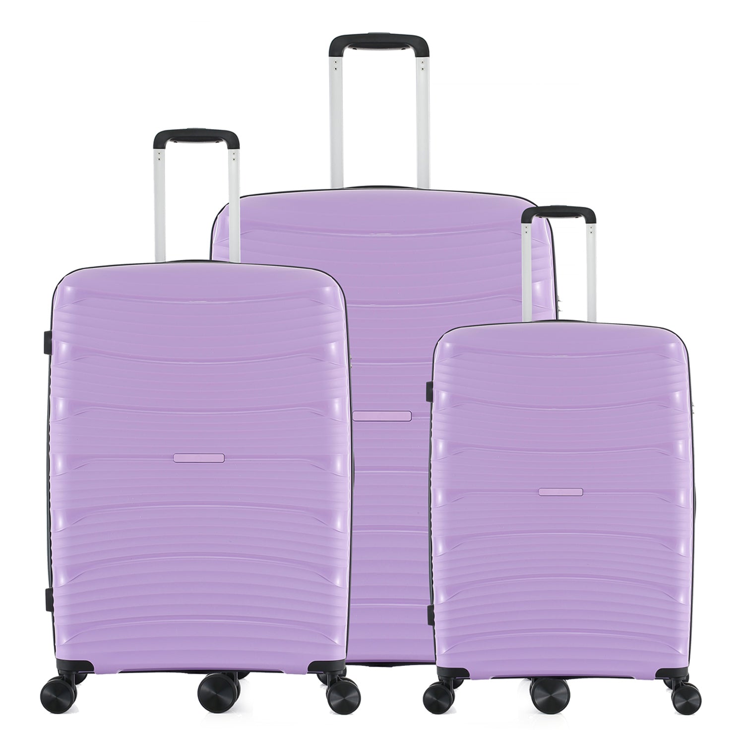 Wisteria hard-shell suitcase range in small, medium and large sizes with telescopic handles, black trim and spinner wheels on a white background.