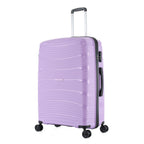 Large wisteria hard-shell suitcase shown at an angle, highlighting the textured shell, side handle, zip closure and spinner wheels.