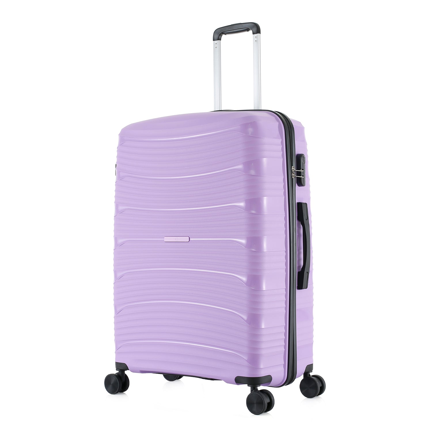 Large wisteria hard-shell suitcase shown at an angle, highlighting the textured shell, side handle, zip closure and spinner wheels.