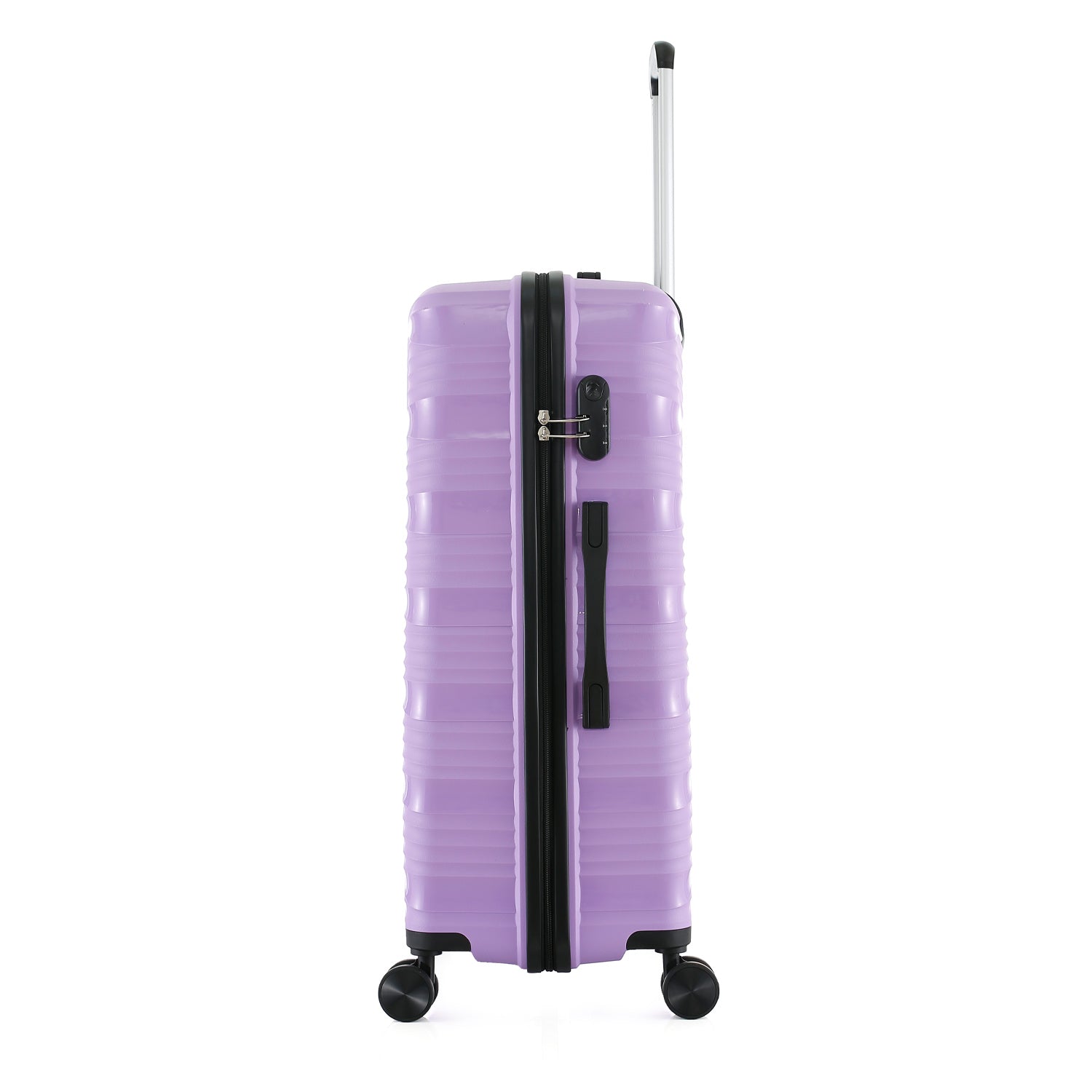 Side view of the large wisteria suitcase showing the combination lock, side carry handle and extended telescopic handle.