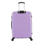 Rear view of the large wisteria suitcase showing the textured hard shell, telescopic handle and black side carry handle.