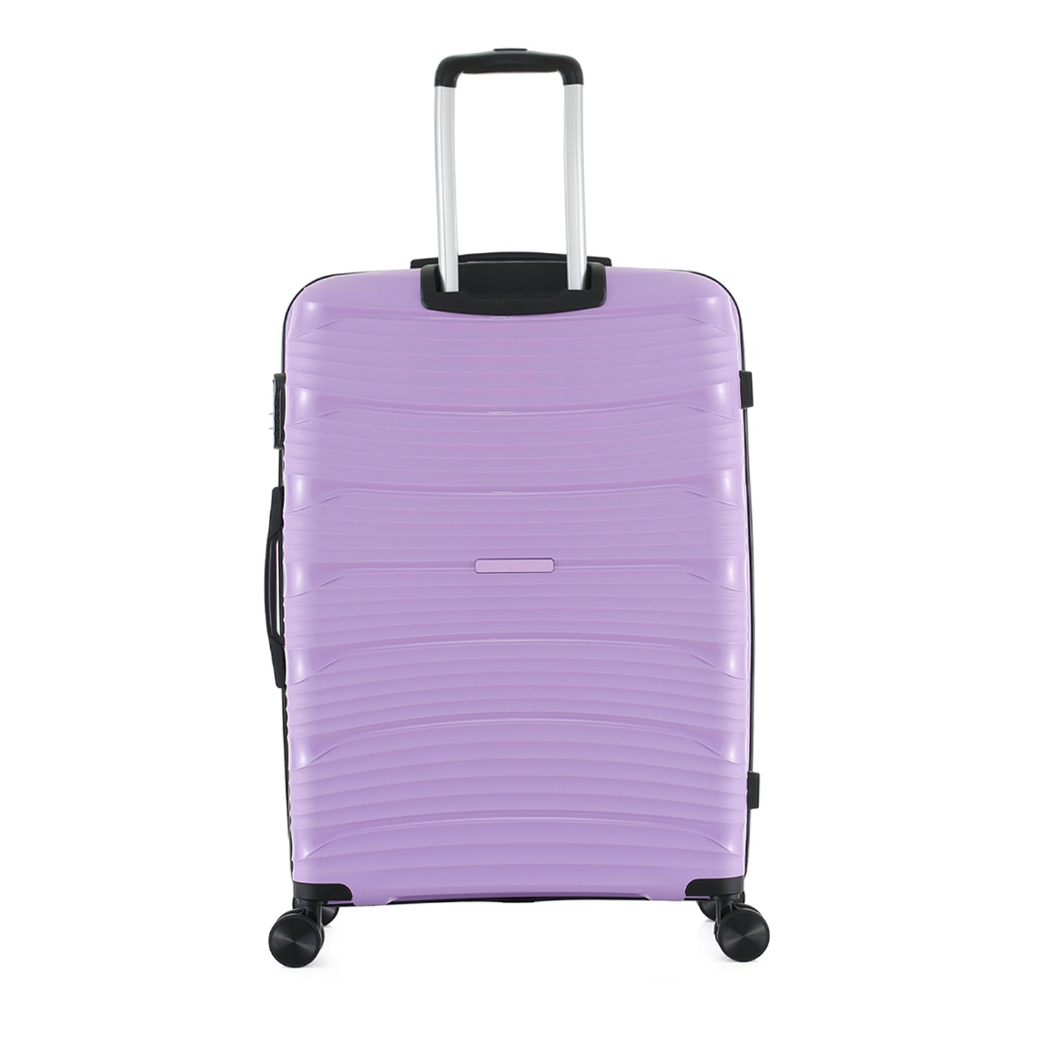 Rear view of the large wisteria suitcase showing the textured hard shell, telescopic handle and black side carry handle.