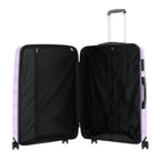Large wisteria suitcase shown open, revealing a black lined interior with a zippered divider and cross straps.