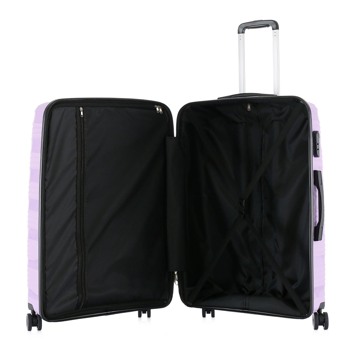 Large wisteria suitcase shown open, revealing a black lined interior with a zippered divider and cross straps.