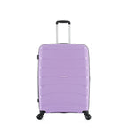 Medium wisteria hard-shell suitcase shown from the front with an extended telescopic handle, black trim and spinner wheels.