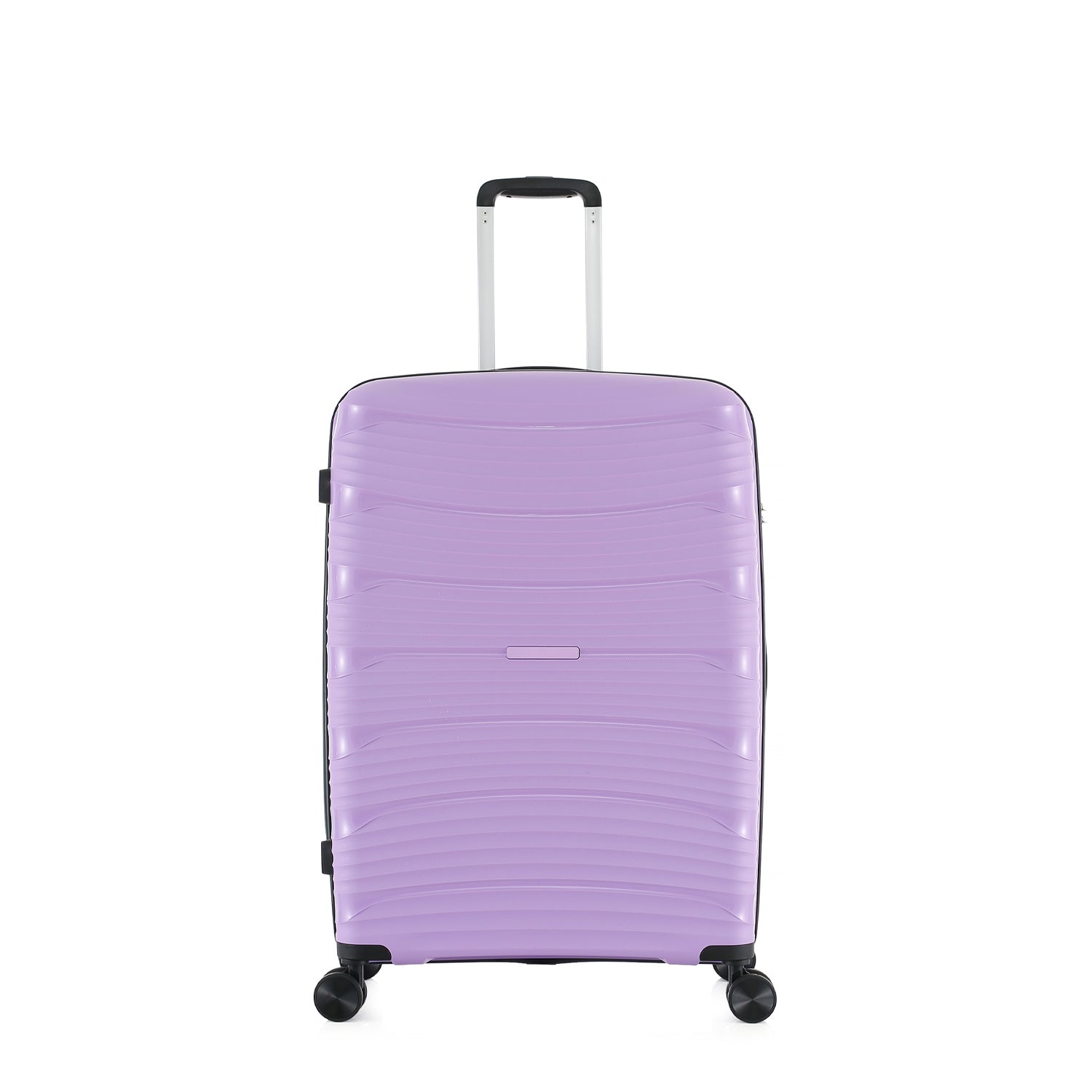 Medium wisteria hard-shell suitcase shown from the front with an extended telescopic handle, black trim and spinner wheels.
