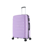Medium wisteria hard-shell suitcase shown at an angle, highlighting the textured shell, side handle, zip closure and spinner wheels.