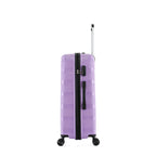 Side view of the medium wisteria suitcase showing the combination lock, side carry handle and extended telescopic handle.