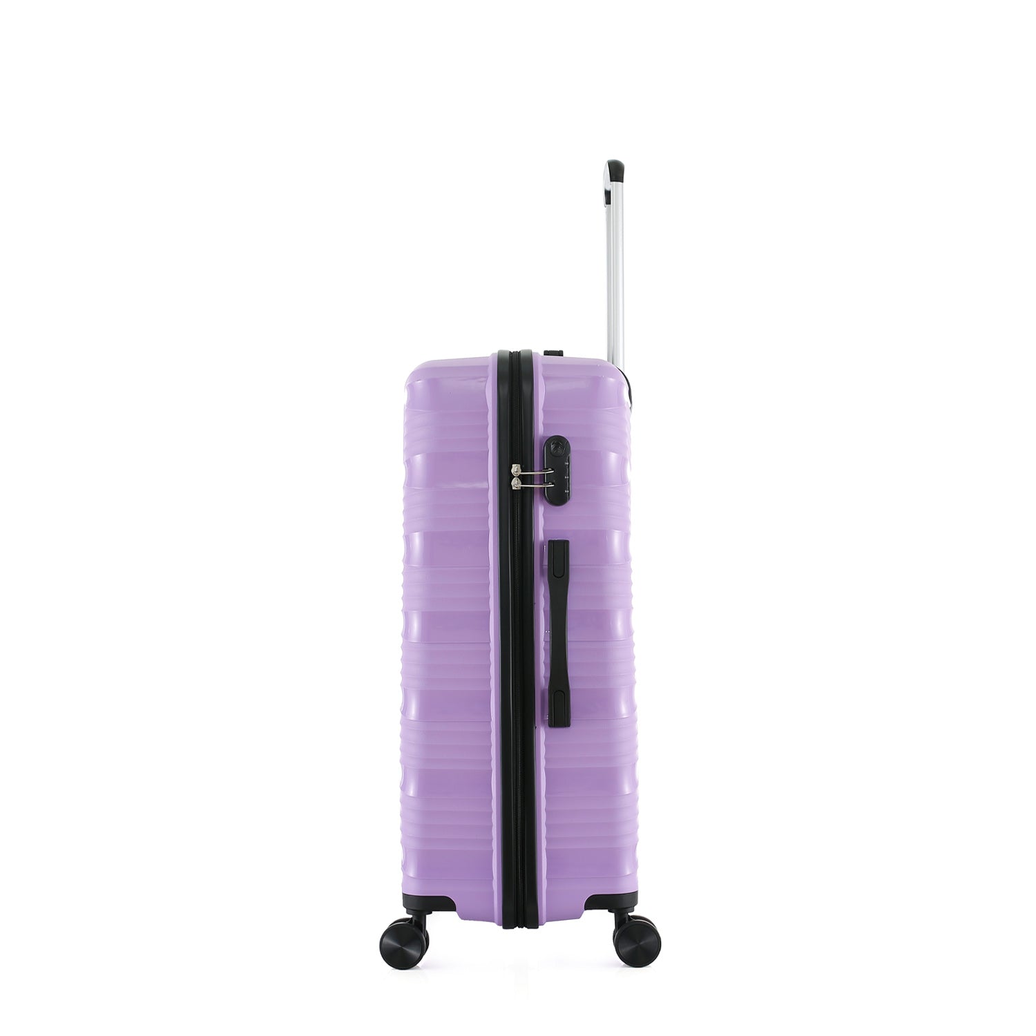 Side view of the medium wisteria suitcase showing the combination lock, side carry handle and extended telescopic handle.