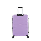 Rear view of the medium wisteria suitcase showing the textured hard shell, telescopic handle and black side carry handle.