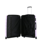 Medium wisteria suitcase shown open, revealing a black lined interior with a zippered divider and cross straps.