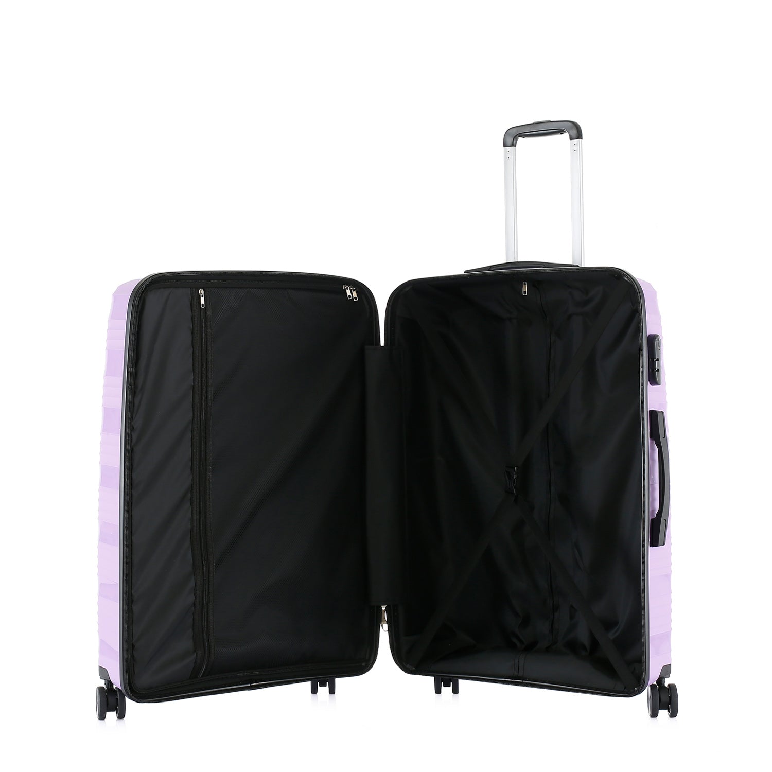 Medium wisteria suitcase shown open, revealing a black lined interior with a zippered divider and cross straps.