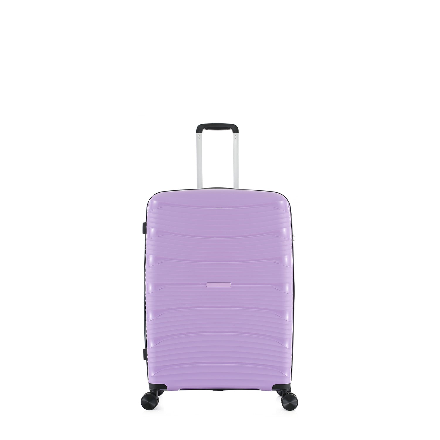 Small wisteria hard-shell suitcase shown from the front with an extended telescopic handle, black trim and spinner wheels.
