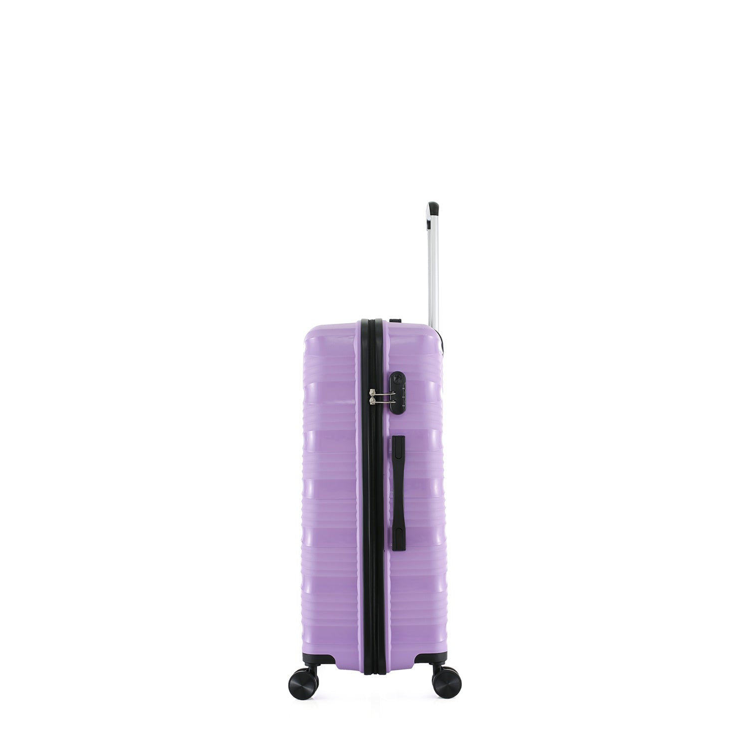 Side view of the small wisteria suitcase showing the combination lock, side carry handle and extended telescopic handle.