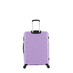 Rear view of the small wisteria suitcase showing the textured hard shell, telescopic handle and black side carry handle.