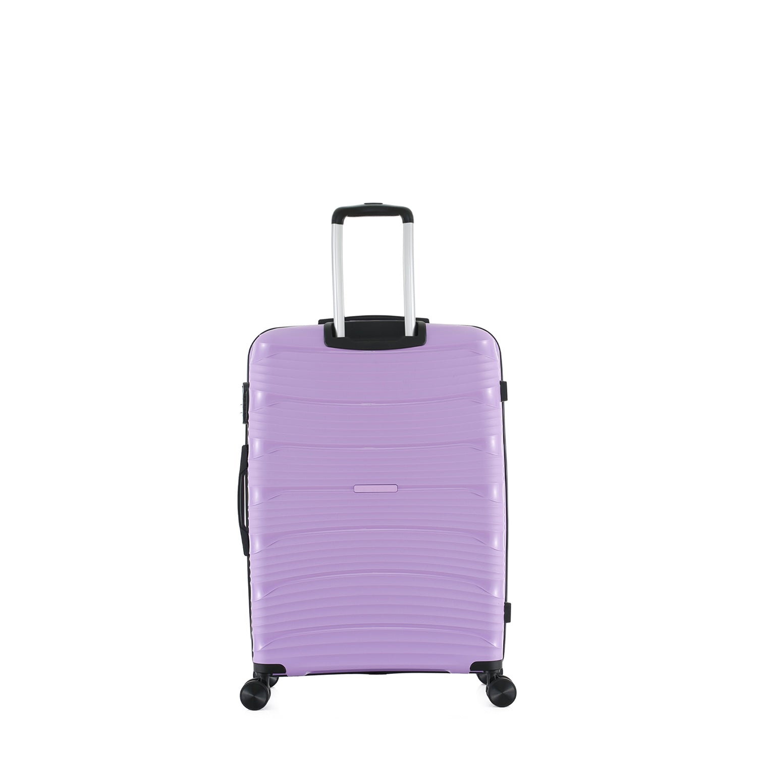 Rear view of the small wisteria suitcase showing the textured hard shell, telescopic handle and black side carry handle.